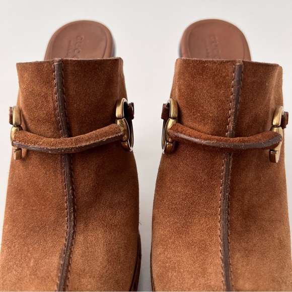 GUCCI | Brown Suede Horsebit Nailhead High Heel Wood Mule Clogs Platform US 8.5 - Picture 6 of 16